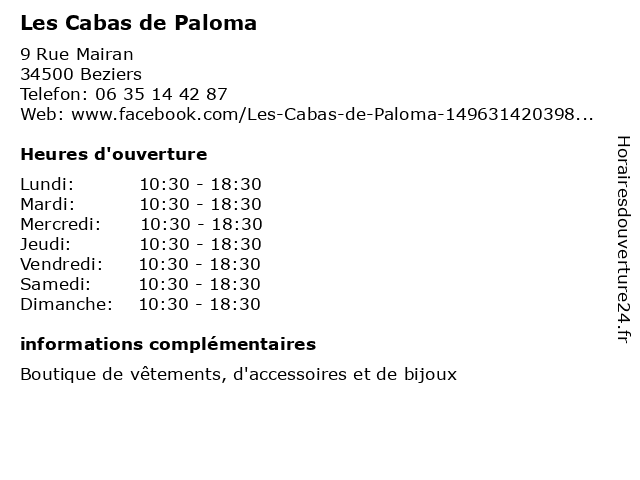 Horaires d ouverture Les Cabas de Paloma 9 Rue Mairan Beziers